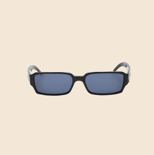 CHANEL 90s BLACK RHINESTONE LOGO RECTANGLE SUNGLASSES