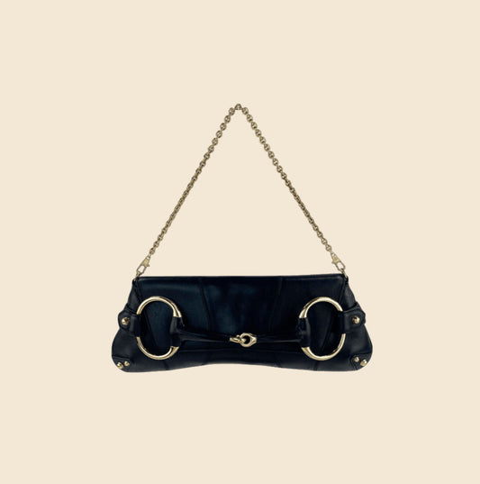 2000s GUCCI BY TOM FORD BLACK LEATHER HORSEBIT CLUTCH