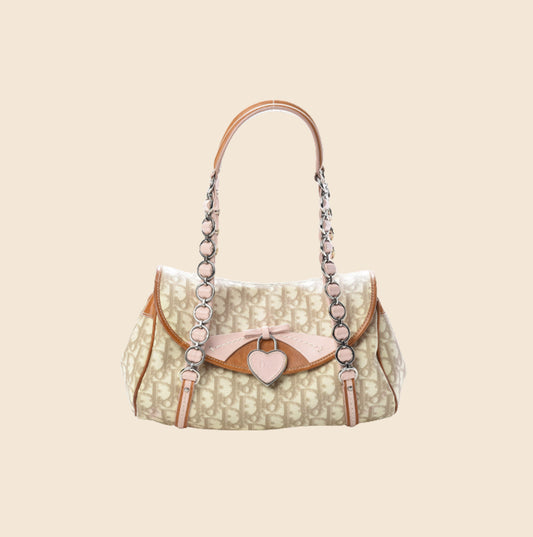 CHRISTIAN DIOR ROSE BEIGE TROTTER ROMANTIQUE SHOULDER BAG
