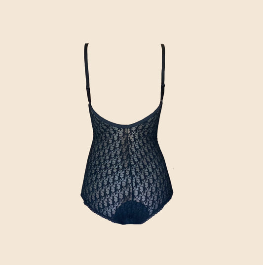 CHRISTIAN DIOR 1990s SHEER BLACK MONOGRAM BODYSUIT